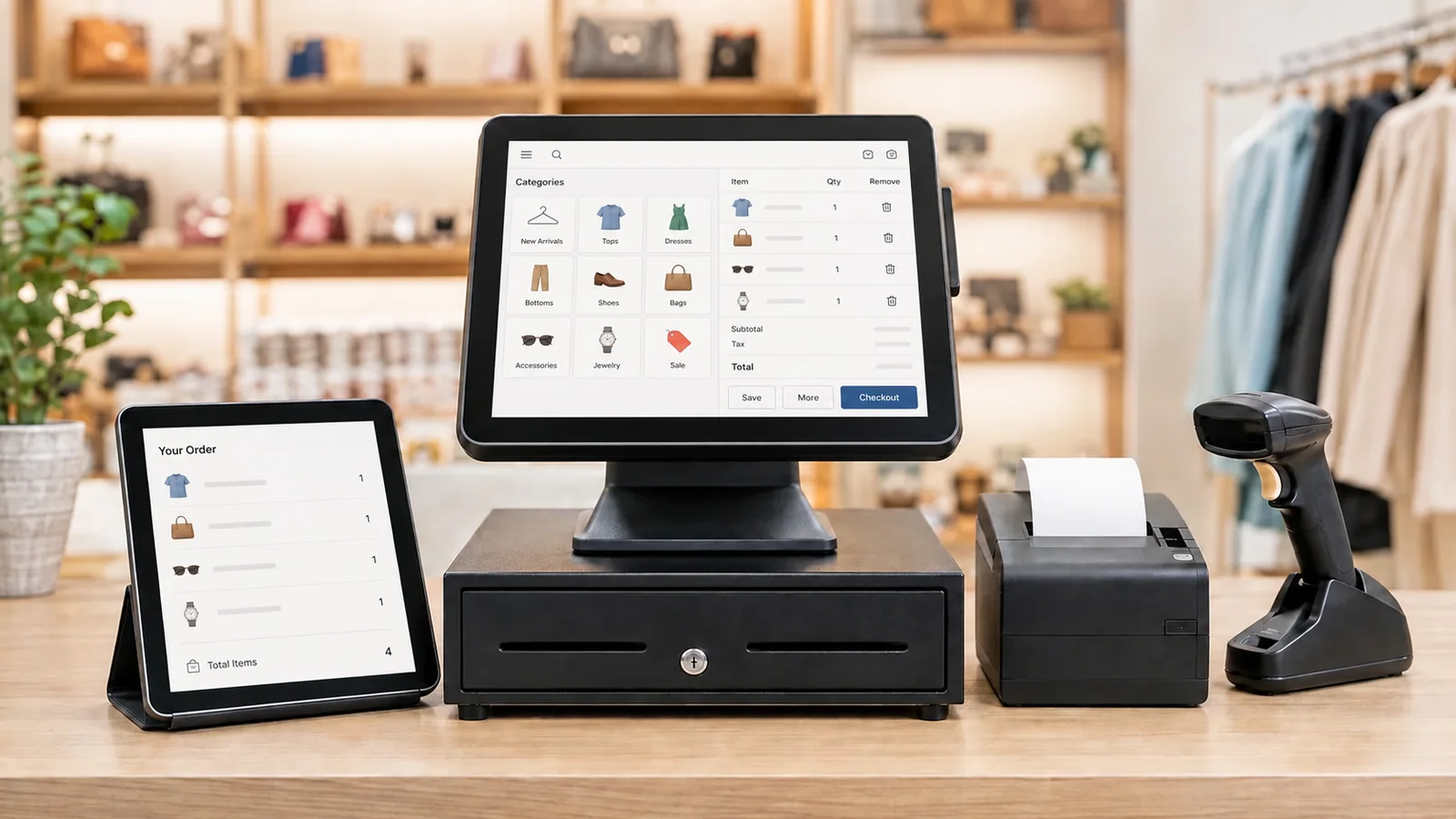 Common POS hardware with checkout and customer order screens for businesses in Pakistan