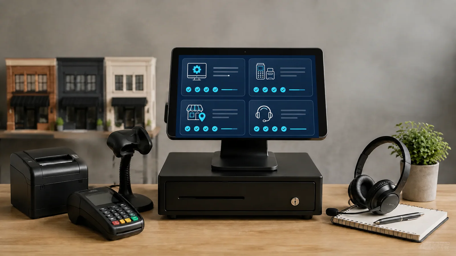 POS setup illustrating software hardware business locations and support