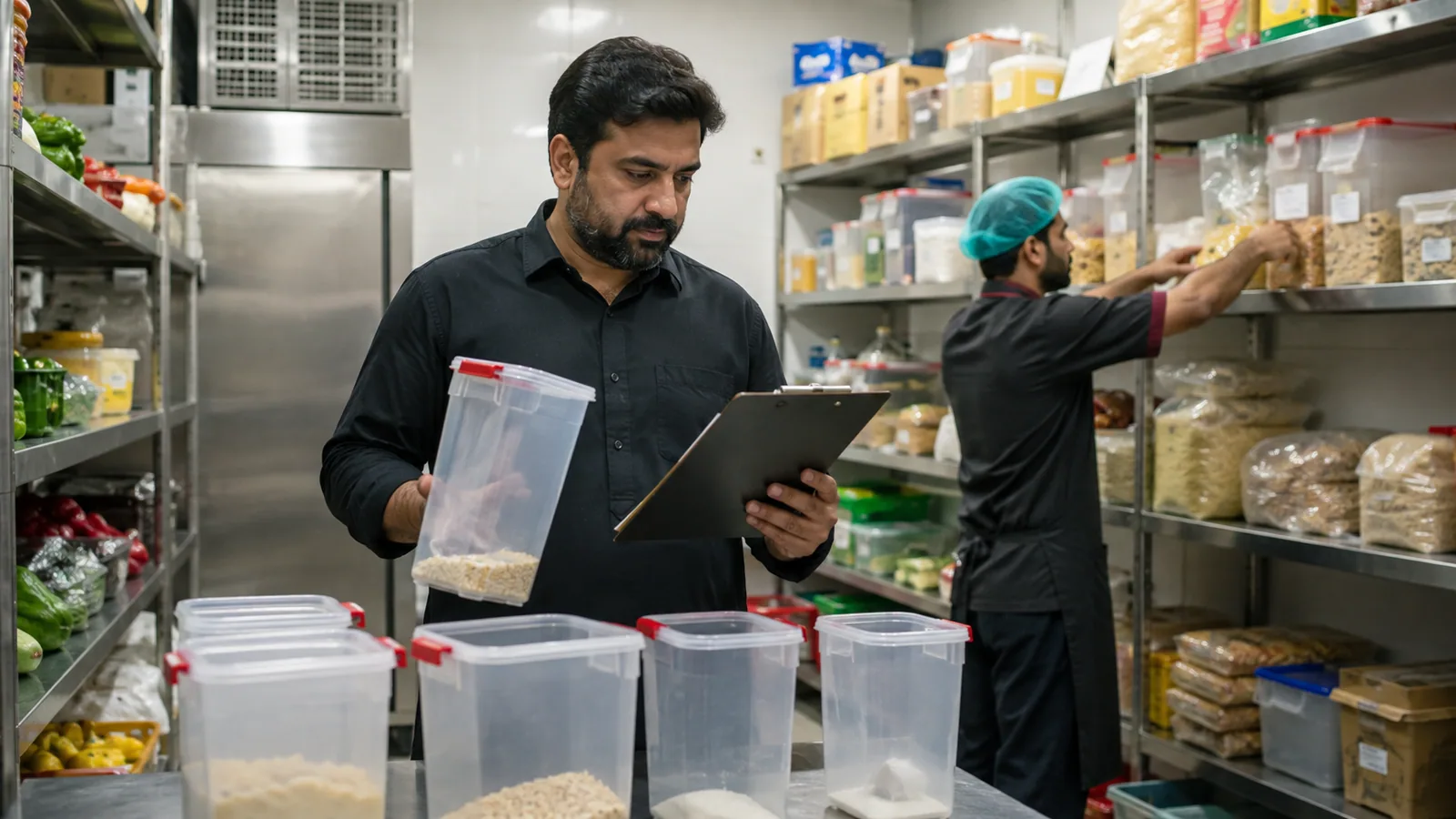 Restaurant staff checking low stock and organizing ingredient supplies