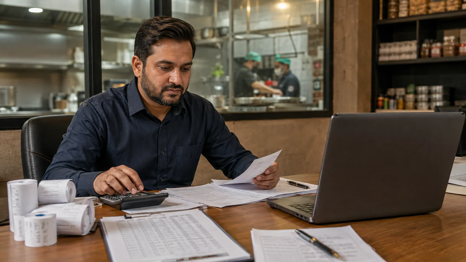 Restaurant manager reviewing sales inventory and reporting operations
