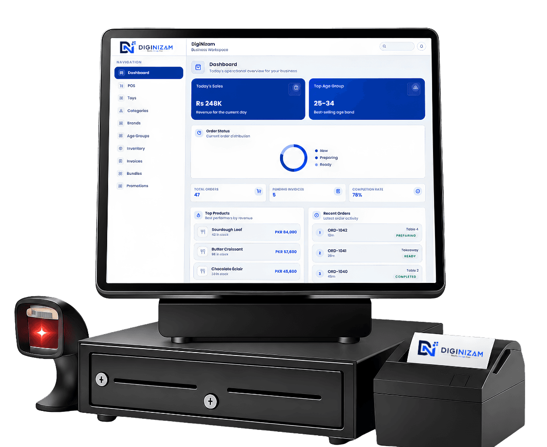 DigiNizam POS terminal with dashboard, scanner, cash drawer, and receipt printer